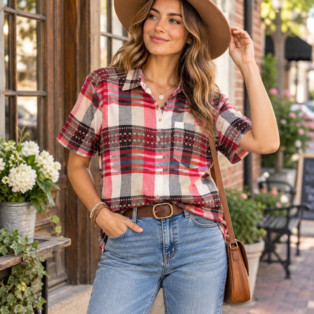 Cabin Creek Women's Plaid Madras Shirt 100% Cotton Short Sleeve Button Front